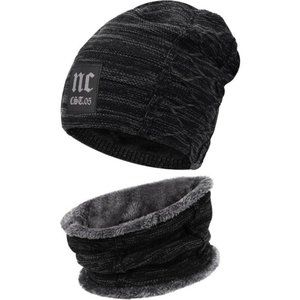 Unisex Winter Beanie Hat Scarf Set Warm Knit Hats Fleece Lined Winter Cap Neck